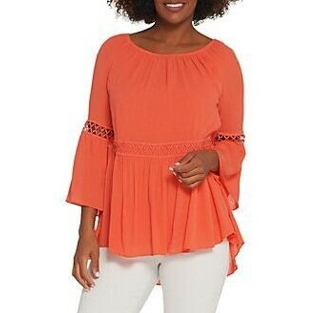 Du Jour Crinkle Guaze Bell Sleeve Lace Insert Top